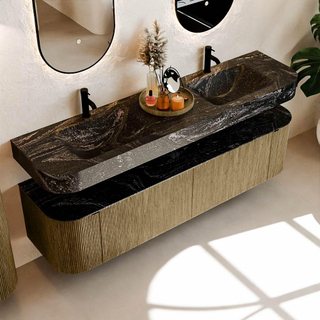 MONDIAZ THOR-DLUX 180cm meuble de salle de bains arrondi gauche + droite couleur Dusk avec 2 tiroirs et 2 portes. Vasque suspendue CLOUD Double 2 trous de robinet couleur Lava.