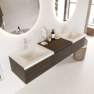 MONDIAZ BUKLA meuble de salle de bain 180 cm avec module 60 couleur Marron Foncé avec 3 tiroirs. Lavabo CLOUD double 2 trous de robinet couleur Talc.