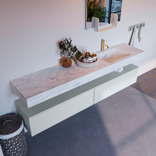 Mondiaz ALAN-DLUX Ensemble de meuble - 200cm - meuble Clay mat - 2 tiroirs - Lavabo Cloud Opalo suspendu - vasque Droite - 1 trou de robinet