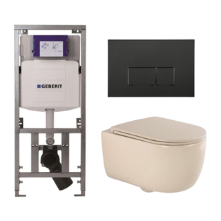 QeramiQ Dely Swirl Toiletset - 36.3x51.7cm - Geberit UP320 Burda inbouwreservoir - slim zitting - mat zwarte metalen bedieningsplaat - rechthoekige knoppen - beige