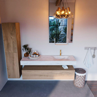 Mondiaz ALAN-DLUX Ensemble de meuble - 150cm - meuble Washed Oak mat - 1 tiroir - Lavabo Cloud Opalo suspendu - vasque Droite - 1 trou de robinet