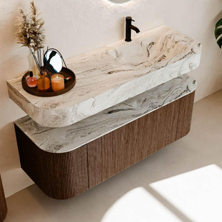 MONDIAZ THOR-DLUX 130cm meuble de salle de bains arrondi gauche + droite couleur Walnut avec 1 tiroir et 2 portes. Vasque suspendue CLOUD Droite 1 trou de robinet couleur Glace.