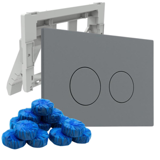FugaFlow Eccelente Plaque de commande Press avec porte-blocs WC - pour réservoir encastré Geberit UP320 - double chasse - boutons ronds - plastique - inclus 12 blocs WC - gris clair