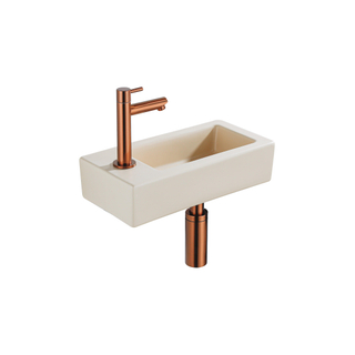QeramiQ Lave-mains Kit lave-mains - 37.5x18.5x9cm - céramique - trou de robinet gauche - robinet lave-mains en cuivre brossé - bonde de vidage - siphon abaissé - Mat Beige