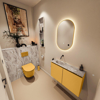 MONDIAZ TURE-DLUX Meuble toilette - 80cm - Ocher - EDEN - vasque Glace - position gauche - sans trou de robinet