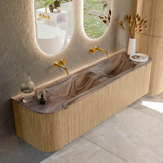 MONDIAZ KURVE-DLUX 170cm badmeubel ronding Links + Rechts kleur Oak met 1 lade en 2 deuren. Wastafel LEAF Dubbel zonder kraangat Sombra.