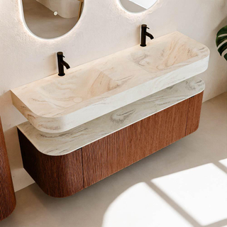 MONDIAZ THOR-DLUX 150cm meuble de salle de bains arrondi gauche + droite couleur Ruby avec 1 tiroir et 2 portes. Vasque suspendue CLOUD Double 2 trous de robinet couleur Ostra.