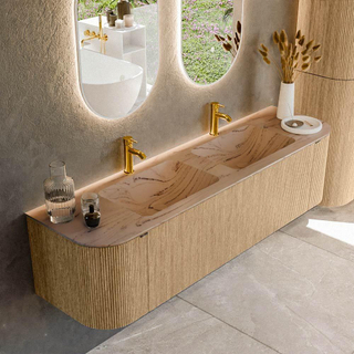 MONDIAZ KURVE-DLUX 170cm badmeubel ronding Links + Rechts kleur Oak met 1 lade en 2 deuren. Wastafel LEAF Dubbel 2 kraangaten Arena.