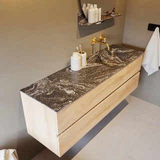 Mondiaz VICA-DLUX ensemble de meuble de salle de bain - 150cm - meuble sous-vasque chêne blanchi - 2 tiroirs - lavabo encastré cloud droite - sans trous de robinet - miroir modèle spot - version XL 60cm de haut - lave