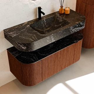 MONDIAZ THOR-DLUX Meuble de salle de bains 110cm arrondi gauche + droite couleur Ruby avec 1 tiroir et 2 portes. Vasque suspendue CLOUD Milieu 1 trou de robinet couleur Lava.