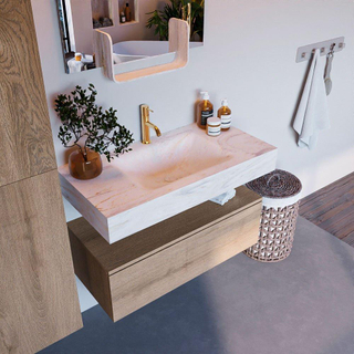Mondiaz ALAN-DLUX Ensemble de meuble - 90cm - meuble Washed Oak mat - 1 tiroir - Lavabo Cloud Ostra suspendu - vasque Centre - 1 trou de robinet