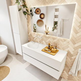 MONDIAZ VICA meuble sous lavabo 120cm Talc 2 tiroirs. Lavabo MOON gauche sans trou de robinet, couleur Talc.
