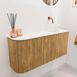 Mondiaz JOYA 91.6cm toiletmeubel - ronding links kleur Oak - Wastafel FAYE positie Rechts Zonder kraangat kleur Talc.