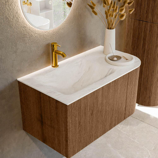 MONDIAZ KURVE-DLUX 85cm Meuble salle de bain avec module 25 D - couleur Walnut - 1 tiroir - 1 porte - vasque CLOUD gauche - 1 trou de robinet - couleur Ostra