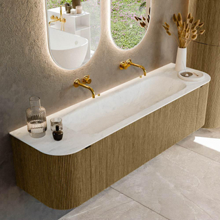 Mondiaz KURVE-DLUX Ensemble de meuble salle de bain - 170x46x40cm - 1 tiroir - 2 portes - lavabo en solid surface - milieu - sans trou de robinet - Dusk