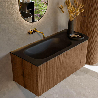 MONDIAZ KURVE 105cm Meuble salle de bain avec module 25 D - couleur Walnut - 1 tiroir - 1 porte - vasque BIG SMALL gauche - sans trous de robinet - Urban