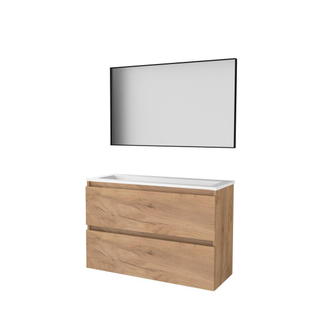 Basic-Line ensemble de meubles de salle de bain 100x39cm sans poignée 2 tiroirs vasque acrylique 1 trou de robinetterie miroir cadre aluminium noir mat tout autour mfc whisky oak