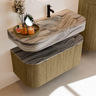 MONDIAZ THOR-DLUX 100cm meuble de salle de bains arrondi gauche + droite couleur Dusk avec 1 tiroir et 2 portes. Vasque suspendue CLOUD Droite 1 trou de robinet couleur Sombra.