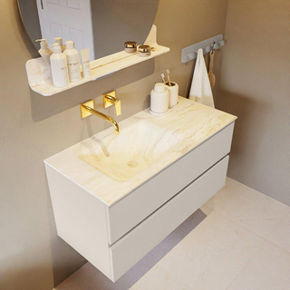 Mondiaz VICA-DLUX Ensemble de meuble de salle de bain - 100cm - meuble sous-vasque lin - 2 tiroirs - lavabo encastré nuage gauche - sans trous de robinet - version haute de 60cm - ostra