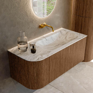 MONDIAZ KURVE-DLUX 105cm Meuble salle de bain avec module 25 G - couleur Walnut - 1 tiroir - 1 porte - vasque BIG SMALL droite - sans trou de robinet - couleur Glace