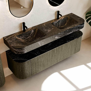 MONDIAZ THOR-DLUX 160cm badmeubel ronding links + rechts kleur Shadow met 1 lade en 2 deuren. Vrijhangende wastafel CLOUD Dubbel 2 kraangaten kleur Lava.