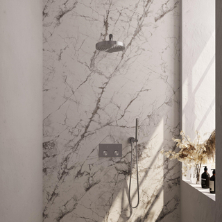 BRAUER Stripe Douche de tête thermostatique encastrée - boutons-poussoirs - pomme de douche 25cm - bras mural droit - douchette à main barre - flexible de douche - coude mural - couleur inox brossé PVD