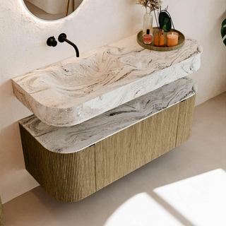 MONDIAZ THOR-DLUX 120cm meuble de salle de bains arrondi gauche + droite couleur Dusk avec 1 tiroir et 2 portes. Vasque suspendue CLOUD Gauche sans trou de robinet couleur Glace.