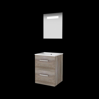 Basic-Line Economic 46 ensemble de meubles de salle de bain 50x46cm avec poignées 2 tiroirs lavabo en porcelaine 1 trou pour robinet miroir éclairage led intégré mfc scotch oak