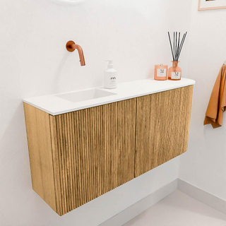 Mondiaz JOYA 91.6cm toiletmeubel - ronding rechts kleur Oak - Wastafel FAYE positie Links Zonder kraangat kleur Talc.