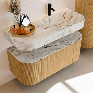 MONDIAZ THOR-DLUX 110cm badmeubel ronding links + rechts kleur Oak met 1 lade en 2 deuren. Vrijhangende wastafel CLOUD Rechts 1 kraangat kleur Glace.