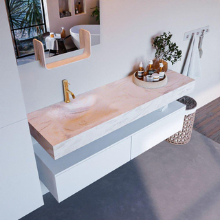 Mondiaz ALAN-DLUX Ensemble de meuble - 150cm - meuble Talc mat - 2 tiroirs - Lavabo Cloud Ostra suspendu - vasque Gauche - 1 trou de robinet