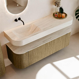 MONDIAZ THOR-DLUX Meuble de salle de bains - 150cm - arrondi gauche + droite - couleur Dusk - 1 tiroir et 2 portes - Vasque suspendue CLOUD Gauche sans trou de robinet - couleur Meli