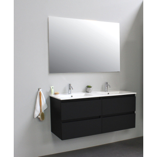 Basic Bella Badkamermeubelset - 120x55x46cm - 2 wasbakken - Keramiek - Wit - 2 kraangaten - Wandspiegel zonder verlichting - Melamine Zwart mat