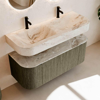 MONDIAZ THOR-DLUX 120cm meuble de salle de bains arrondi gauche + droite couleur Shadow avec 1 tiroir et 2 portes. Vasque suspendue CLOUD Double 2 trous de robinet couleur Frappe.