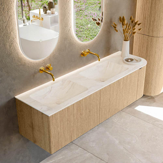 MONDIAZ KURVE-DLUX 155cm badmeubel met module 25 R kleur Oak met 2 lades en 1 deur. Wastafel LEAF dubbel / links zonder kraangat kleur Ostra.