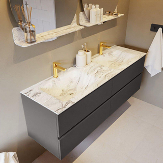 Mondiaz VICA-DLUX ensemble de meuble de salle de bain - 150cm - meuble sous-vasque gris foncé - 4 tiroirs - lavabo encastré cloud double - 2 trous de robinet - version haute de 60cm - glace