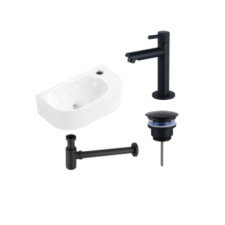 Fugaflow Efficiente Pietra Ensemble de fontaine - 40x21,5x12cm - droite - lisse - demi-ronde - 1 trou de robinet - céramique - robinet de fontaine blanc mat - bouchon de vidange - siphon abaissé - blanc brillant