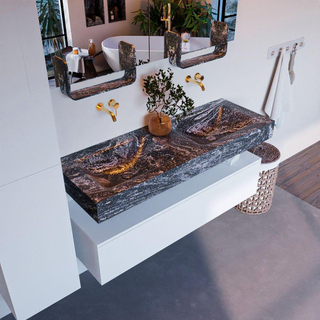 Mondiaz ALAN-DLUX Ensemble de meuble - 130cm - meuble Talc mat - 1 tiroir - Lavabo Cloud Lava suspendu - vasque gauche et droite - 0 trous de robinet