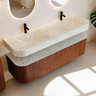 MONDIAZ THOR-DLUX 160cm meuble de salle de bains arrondi gauche + droite couleur Ruby avec 1 tiroir et 2 portes. Vasque suspendue CLOUD Double 2 trous de robinet couleur Opalo.