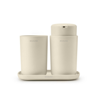 Brabantia ReNew Accessoires de salle de bains - set de 3 - Distributeur de savon - Porte-brosse à dents - Coupelle - beige doux