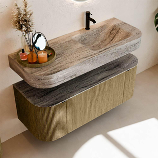 MONDIAZ THOR-DLUX 120cm meuble de salle de bains arrondi gauche + droite couleur Dusk avec 1 tiroir et 2 portes. Vasque suspendue CLOUD Droite 1 trou de robinet couleur Oza.