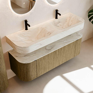 MONDIAZ THOR-DLUX Meuble de salle de bains 140cm arrondi gauche + droite couleur Dusk avec 1 tiroir et 2 portes. Vasque suspendue CLOUD Double 2 trous de robinet couleur Ostra.