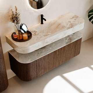 MONDIAZ THOR-DLUX 140cm badmeubel ronding links + rechts kleur Walnut met 1 lade en 2 deuren. Vrijhangende wastafel CLOUD Midden 1 kraangat kleur Frappe.