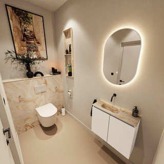 MONDIAZ TURE-DLUX Meuble toilette - 60cm - Talc - EDEN - vasque Frappe - position gauche - sans trou de robinet