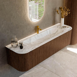 MONDIAZ KURVE-DLUX 170cm Meuble salle de bain avec module 25 G et D - couleur Walnut - 1 tiroir - 2 portes - vasque BIG LARGE centre - 1 trou de robinet - couleur Glace