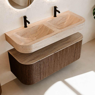 MONDIAZ THOR-DLUX 120cm meuble de salle de bains arrondi gauche + droite couleur Walnut avec 1 tiroir et 2 portes. Vasque suspendue CLOUD Double 2 trous de robinet couleur Saba.