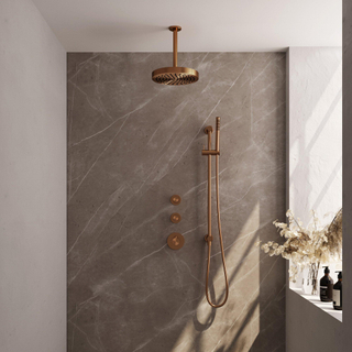 BRAUER Stripe Thermostatische Inbouw Regendouche - SET 09 - 25cm douchekop - plafondarm - staaf handdouche - doucheslang - geïntegreerde glijstang - koper geborsteld PVD