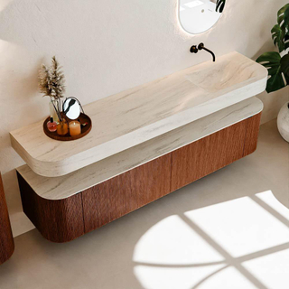 MONDIAZ THOR-DLUX 200cm meuble de salle de bains arrondi gauche + droite couleur Ruby avec 2 tiroirs et 2 portes. Vasque suspendue CLOUD Droite sans trou de robinet couleur Meli.