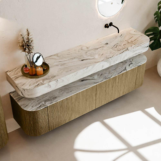 MONDIAZ THOR-DLUX Meuble de salle de bains - 190cm - arrondi gauche + droite - couleur Dusk - 2 tiroirs et 2 portes - Vasque suspendue CLOUD Droite sans trou de robinet - couleur Glace