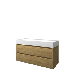 Proline Loft badkamermeubelset - 120x46x62cm - porselein Loft wastafel - 2 kraangaten - symmetrisch - MFC Ideal oak/Glans wit